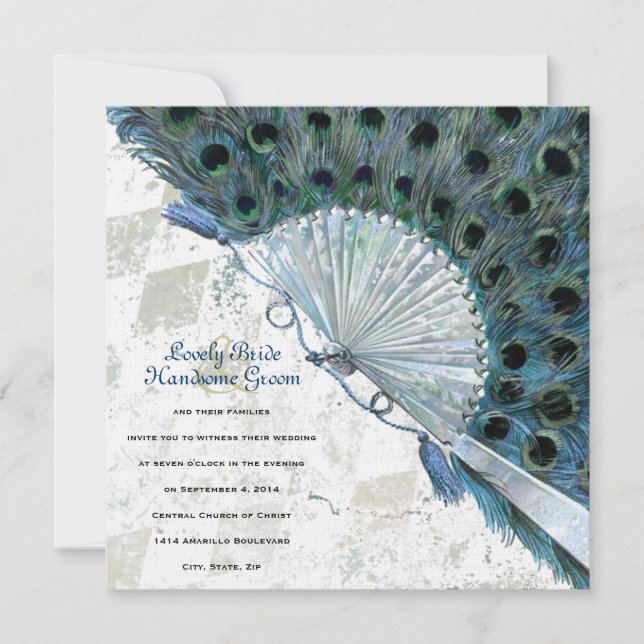 Vintage Blue Peacock Fan Wedding Invitation (Front)