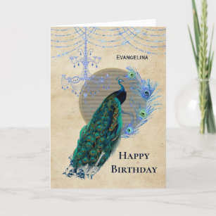 Vintage Blue Peacock Feathers Chandelier Birthday Card
