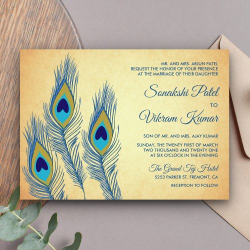 Vintage Blue Peacock Feathers Indian Wedding Invitation