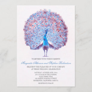 vintage blue peacock wedding invitation