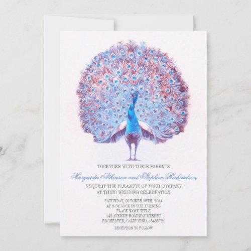 vintage blue peacock wedding invitation