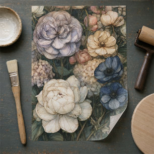 Vintage Blue Peony and Hydrangea Florals Tissue Paper