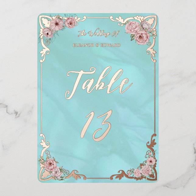 Vintage Blue Peony Foil Table Number Card (Front)