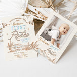 Vintage Blue Photo Boys First Rodeo 1st Birthday  Invitation<br><div class="desc">Vintage Blue Photo Boys First Rodeo 1st Birthday Invitation Blue and brown boy's vintage style first rodeo birthday invitation with a desert landscape with cactus, longhorn cows, sun and a rope like text heading. This boy's first rodeo birthday invitation also features a photo on the back and is ideal for...</div>