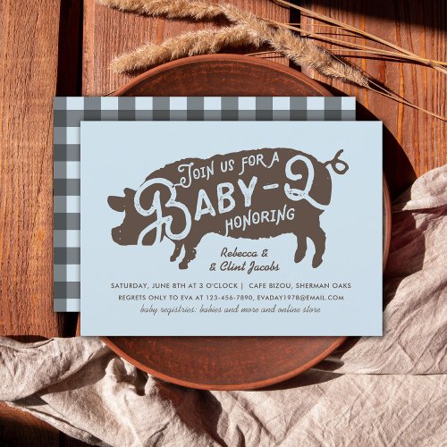 Vintage Blue Pig Baby_Q BBQ Baby Shower Invitation