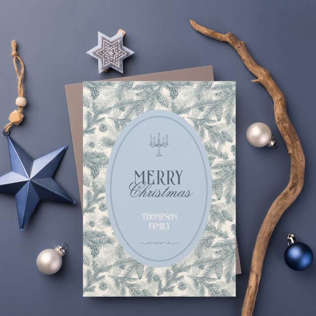 Vintage Blue Pine Branches Flat Christmas Card (Creator Uploaded)