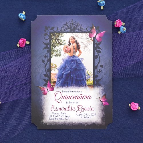 Vintage Blue Pink Butterflies Quinceanera Invitation