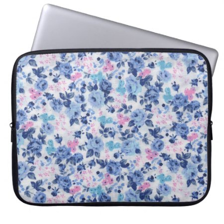 Vintage Blue Pink Cute Roses Floral Pattern Laptop Sleeve
