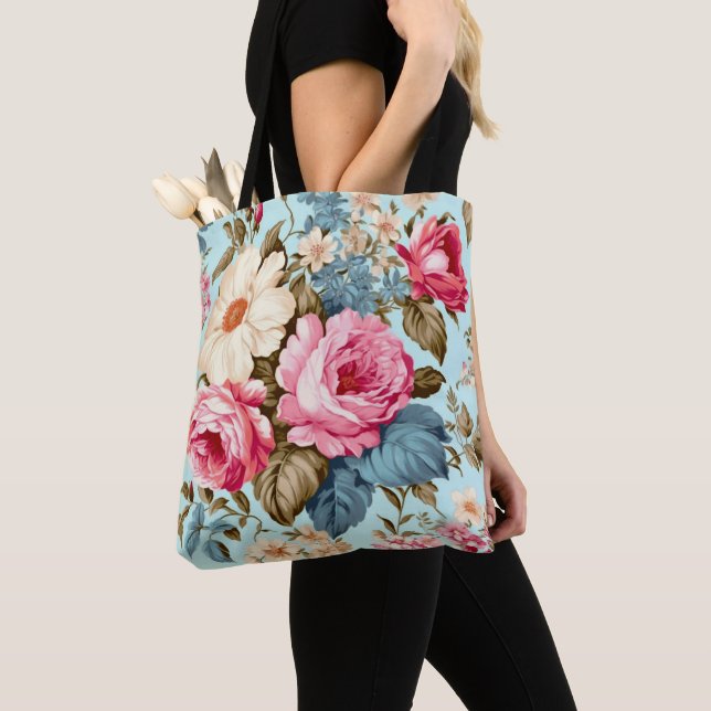 Vintage Blue Pink Floral Garden  Tote Bag (Close Up)