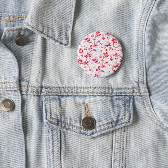 Vintage Blue Pink Folk Bird Floral Button (In Situ)
