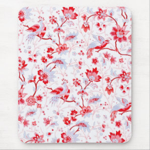 Vintage Blue Pink Folk Bird Floral Mouse Pad