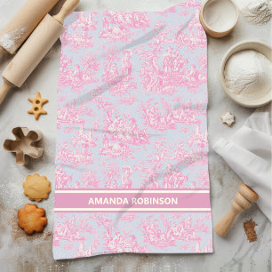 Vintage blue pink toile de jouy printed kitchen towel