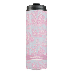 Vintage blue pink toile de jouy printed thermal tumbler