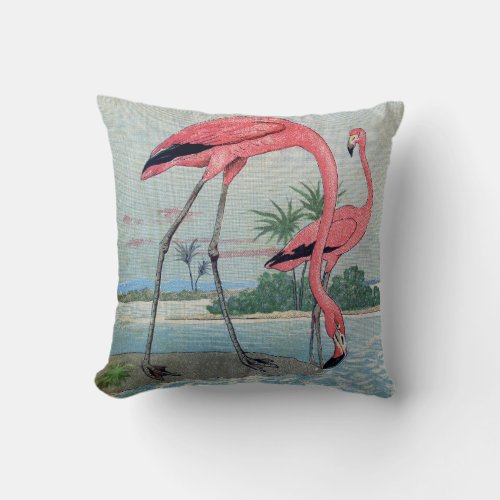 Vintage blue pink tropical flamingo old painting throw pillow