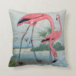 Vintage blue pink tropical flamingo old painting throw pillow