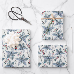 Vintage Blue Poinsettia Christmas Wrapping Paper Sheets