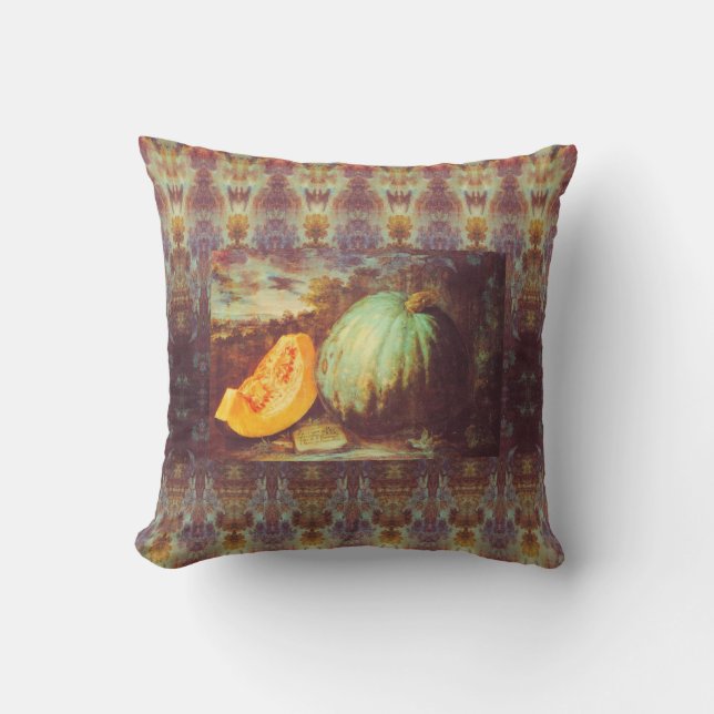 Vintage blue pumpkin heirloom fall painting throw pillow (Front)