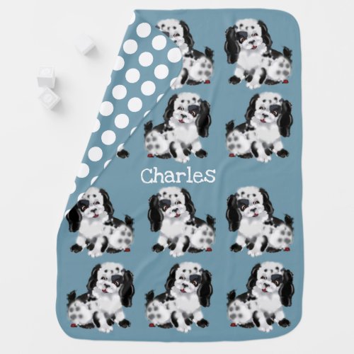 Vintage Blue Puppy Dog Polka Dot Childs Name Baby Blanket