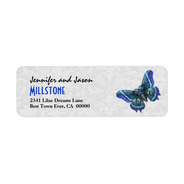 Vintage Blue Purple Butterfly Modern Lettering Label (Front)