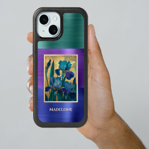 Vintage Blue Purple Iris with Monogram Name iPhone 15 Case