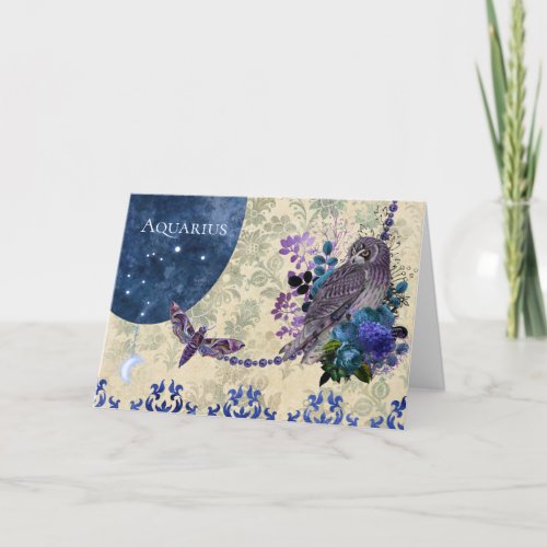 Vintage Blue Purple Zodiac Aquarius Birthday Card