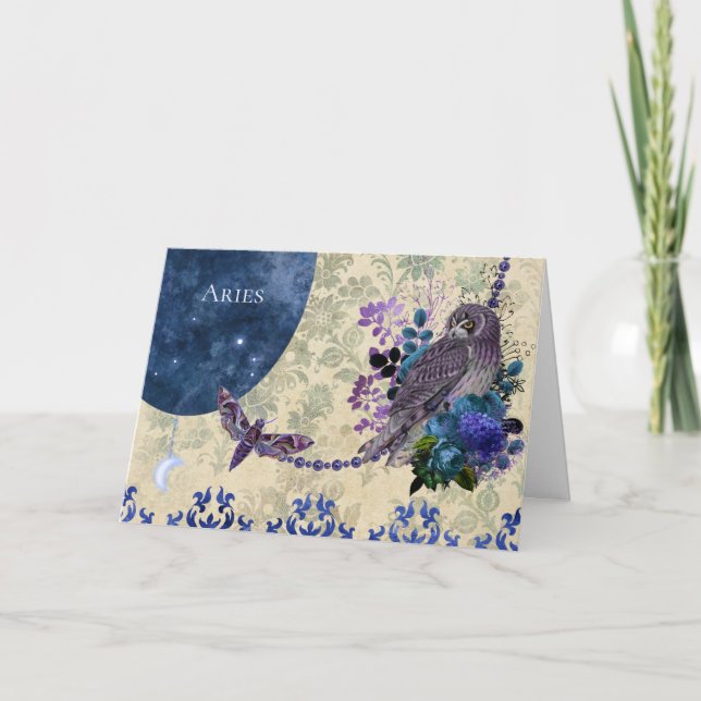 Vintage Blue Purple Zodiac Aries Birthday Card (Front)