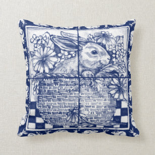 Vintage Blue Rabbit Floral Dedham Delft Cottage  Throw Pillow