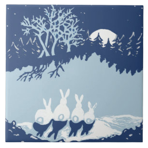 Vintage Blue Rabbits w/ Moon, Starry Night Forest Ceramic Tile