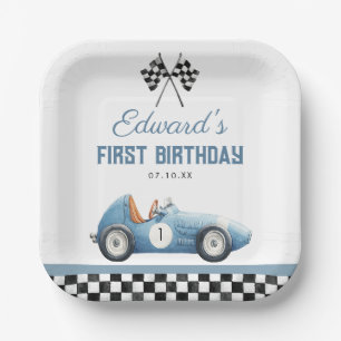 Vintage Blue Race Car 1st Birthday Paper Plates