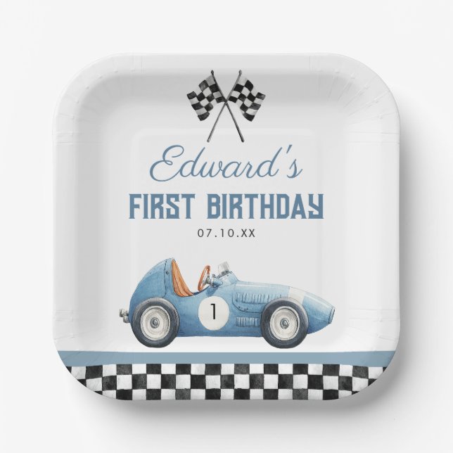 Vintage Blue Race Car 1st Birthday Paper Plates (Front)