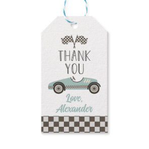 Vintage blue Race Car Birthday Thank You Gift Tags