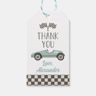 Vintage blue Race Car Birthday Thank You Gift Tags