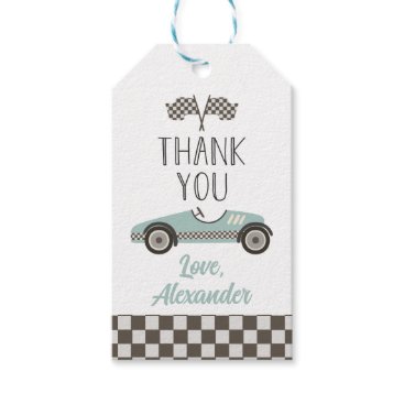 Vintage blue Race Car Birthday Thank You Gift Tags