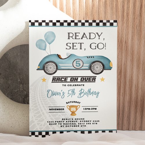 Vintage Blue Race Car Boy Birthday Party Invitation