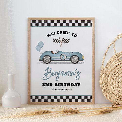 Vintage Blue Race Car Two Fast Birthday Welcome Poster