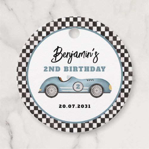 Vintage Blue Race Car Two Fast Boy Birthday Party Favor Tags