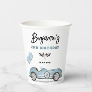 Vintage Blue Race Car Two Fast Boy Birthday Party Paper Cups