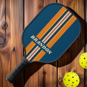 Vintage Blue Rainbow Rally Stripes with Name Pickleball Paddle