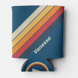 Vintage Blue Rainbow Striped with Name Can Cooler