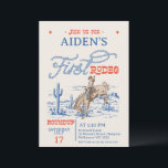 Vintage Blue Red Bronco First Rodeo 1st Birthday Invitation<br><div class="desc">Vintage Blue Red Bronco Rodeo 1st Birthday Invitation

Boy's blue and red first rodeo birthday invitation featuring a desert landscape,  cowboy and horse,  rope style and other western style font text.</div>