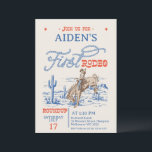 Vintage Blue Red Bronco First Rodeo 1st Birthday Invitation<br><div class="desc">Vintage Blue Red Bronco Rodeo 1st Birthday Invitation

Boy's blue and red first rodeo birthday invitation featuring a desert landscape,  cowboy and horse,  rope style and other western style font text.</div>