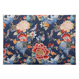 Vintage blue red chinoiserie floral cloth placemat