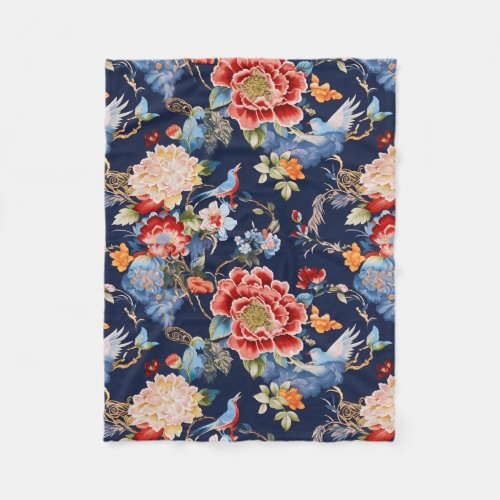 Vintage blue red chinoiserie floral fleece blanket