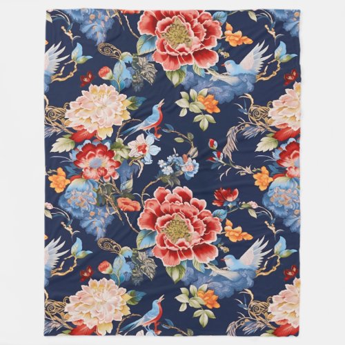 Vintage blue red chinoiserie floral fleece blanket