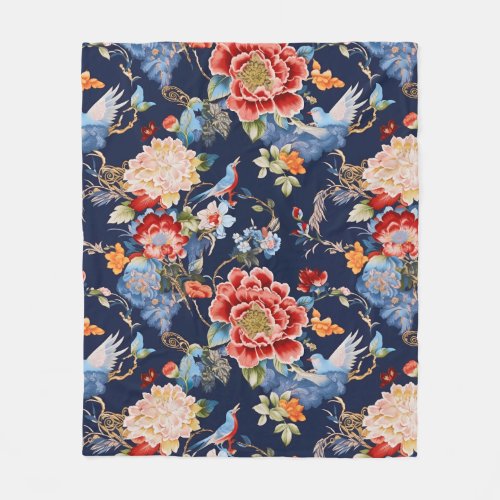 Vintage blue red chinoiserie floral fleece blanket