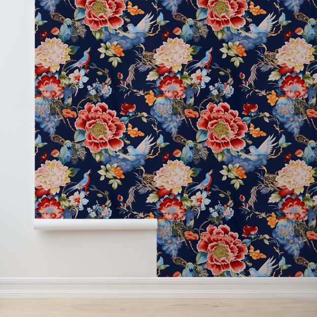 Vintage blue red chinoiserie wallpaper  (Application)