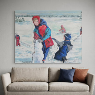 VINTAGE Blue/Red FIRST SNOW FALL Faux Canvas Print
