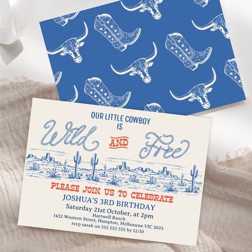 Vintage Blue Red Rodeo Wild and Free 3rd Birthday  Invitation