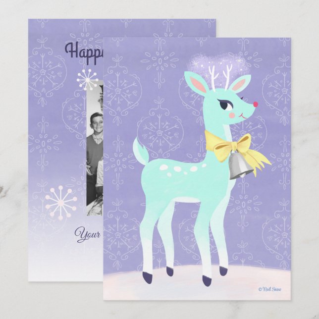 Vintage Blue Reindeer Personalized Flat Card (Front/Back)