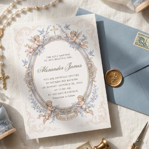Vintage Blue Renaissance Cherub Baptism Invitation